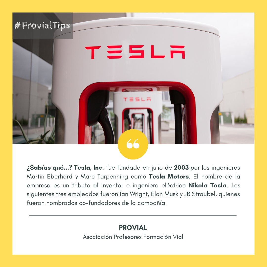 ProvialCAT's tweet photo. #Provial |🤩Saps que Tesla Motors fou fundada per dos enginyers l'any 2003? Fes un cop d'ull al nostre #ProvialTips de la setmana i descobreix dades interessants.

Bon cap de setmana a tothom!

#Provial #ProfesoresFormaciónVial #SeguridadVial https://t.co/aQ6JMERsCh