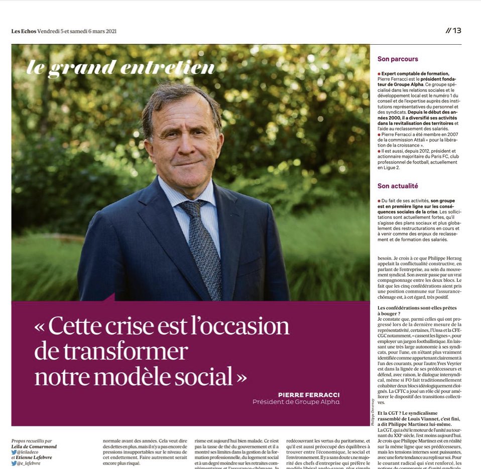 [ #Interview 🎤 📰 ]
Le grand entretien <a href="/LesEchos/">Les Echos</a> avec Pierre Ferracci, Président du <a href="/GroupeAlpha/">GroupeAlpha</a>, interviewé par <a href="/leiladeco/">Leïla de Comarmond</a> et <a href="/e_lefebvre/">Etienne Lefebvre</a> 
➡️ lesechos.fr/economie-franc…