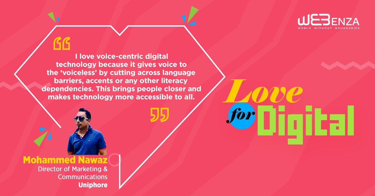 Webenza's tweet photo. What better than digital to bring people of different races, tribes and countries together! Mohammed Nawaz, Director of Marketing & Communications at @uniphore, shares his #LoveForDigital and why he thinks it’s a powerful tool to break down barriers.
#digitalmarketing #Webenza https://t.co/5Q4qrvWGQ9