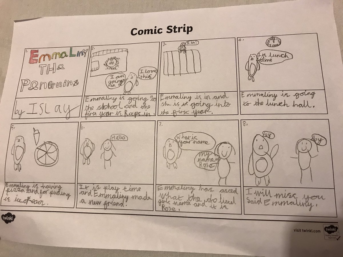 MrsArcticride's tweet photo. Islay didn’t dress up for #worldbookday2020 as school didn’t allow it but she did write a story about a penguin called ‘Emmaliny’ 🥰 🐧 #comicstrip #Islaytheauthor https://t.co/mcucwh98Ek
