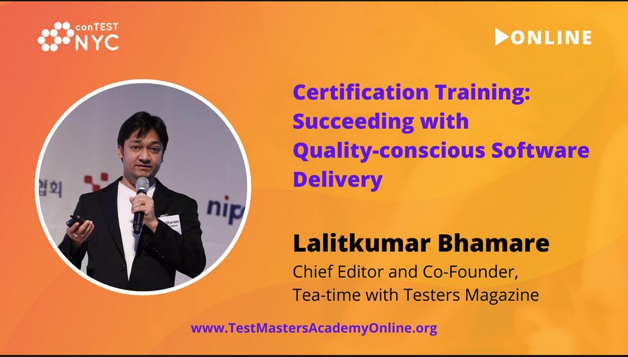 TestMastersAcad's tweet photo. Attend certification training on 'Succeeding with Quality-conscious Software Delivery' by @Lalitbhamare #contestnyc in 30mins.
Learn how to enable the whole team testing to support whole team quality and exercises

Book here: https://t.co/mdjXkNVMTy

#testing #conference #quality https://t.co/auRUha7fWe
