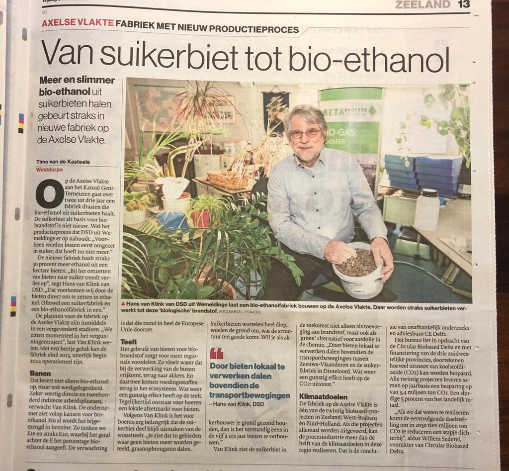biobaseddelta's tweet image. In de PZC vandaag dit artikel met @HansvanKlink1 van DSD B.V. Hij gaat een fabriek bouwen om bieten direct om te zetten in bio-ethanol; 1 van de 20 projecten op onze Routekaart waarmee totaal 5,4 miljoen ton CO2-eq per jaar bespaart kan worden. @willemsederel #biobasedbusiness