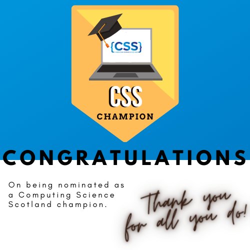 CompSciScot's tweet photo. Congratulations to @MrsEzziane @UGSchool "She has amazing subject knowledge & always tries to make learning fun & current for her pupils. Such a supportive mentor for new Computing Science
teachers! An all round great role model for females in our subject!" #csschampion https://t.co/5PqRJXJUg1