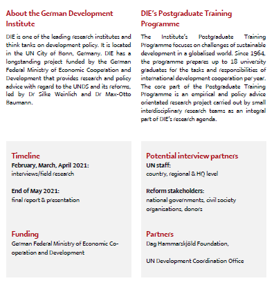 UNReform_Impact's tweet photo. We @DIE_GDI #PostgradProgramm want to find out whether &amp; how the #UNDSReform has contributed to a stronger Collective Offer of UNCTs. Our aim is to identify best practices &amp; lessons learnt and to formulate recommendations to @UN staff, as well as to member states. https://t.co/lJXVpNor5k