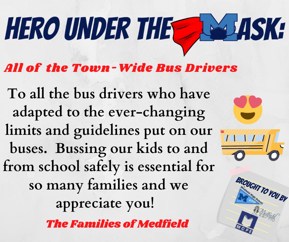 Medfield K-8 PTO (@medfieldk8pto) on Twitter photo Todayโs ๐๐๐ง๐ค๐๐จ ๐๐ฃ๐๐๐ง ๐๐๐ ๐๐๐จ๐ are all of our bus drivers!! We know youโve been asked to pivot quickly this year but youโve done it seemlessly and the families of Medfield are so grateful. Thank you!! #HeroesUnderTheMask <a href="/JeffreyJMarsden/">Jeffrey Marsden</a> Todayโs ๐๐๐ง๐ค๐๐จ ๐๐ฃ๐๐๐ง ๐๐๐ ๐๐๐จ๐ are all of our bus drivers!! We know youโve been asked to pivot quickly this year but youโve done it seemlessly and the families of Medfield are so grateful. Thank you!! #HeroesUnderTheMask <a href="/JeffreyJMarsden/">Jeffrey Marsden</a>