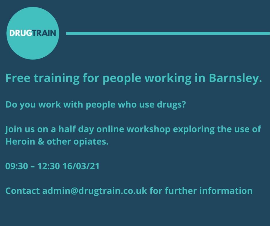 Drugtrain1's tweet image. Pleased to be able to offer #freetraining to people working in #barnsley whose work brings them into contact with people who use drugs.
Please share within your networks, limited places available.