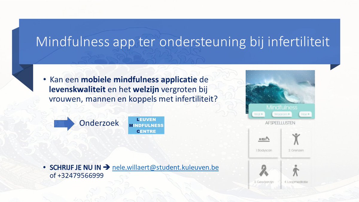 Help ons onderzoek naar de impact van een mindfulness app bij infertiliteit door deel te nemen of deze oproep te delen <a href="/LMC_Mindfulness/">Leuven Mindfulness Consortium</a> <a href="/FWOVlaanderen/">FWO</a> <a href="/KU_Leuven/">KU Leuven</a> Meer info: ppw.kuleuven.be/leuven-mindful…