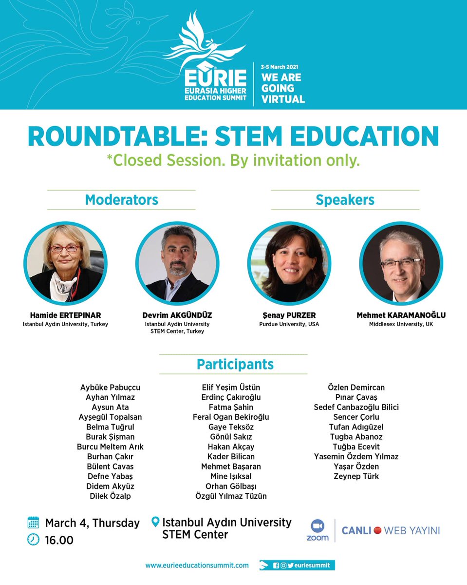 IAUSTEM's tweet photo. .@Hamideertepinar ve @DevrimAkgunduz tarafından moderatörlüğü yapılan #EURIE2021 geleneksel #STEMRoundtable 4 Mart tarihinde gerçekleştirildi. @profmem ve @purzer'in konusmacı olarak yer aldığı toplantıya 35 akademisyen ve uzman katıldı.
Tüm katılımcılarımıza teşekkürler. https://t.co/T8BtdXtrgd