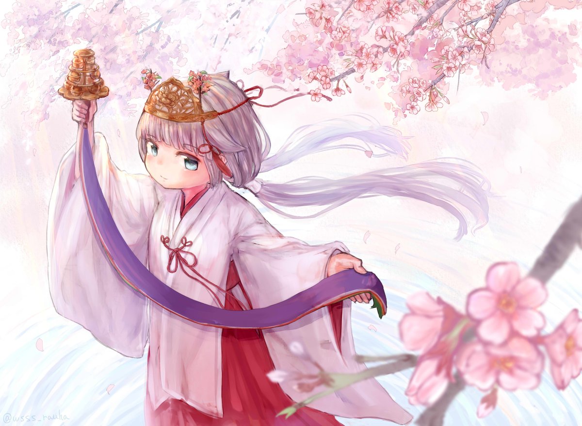 1girl miko solo japanese clothes long hair bell cherry blossoms  illustration images