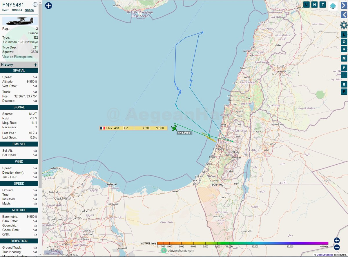 #FrenchNavy Grumman E-2C Hawkeye flight indicate presence of aircraft carrier Charles de Gaulle somewhere south of #Cyprus west of #Israel in east #Mediterranean Sea as per #CLEMENCEAU_21