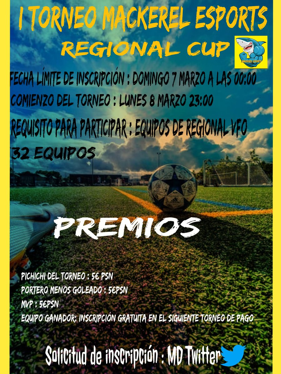 🔔Os presentamos el I TORNEO MACKEREL | " Regional Cup " 🔔

● Vamos a organizar este torneo solo para equipos de regional, será gratuito y de 32 equipos.

● Con premios en tarjetas [PSN] 

● El único requisito a cumplir, es que el equipo sea de regional