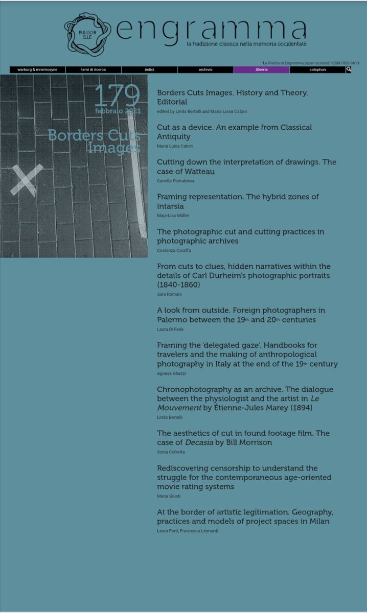 Proud to announce that the journal #Engramma published "Borders Cuts Images. History and Theory" edited by <a href="/LindaLouBertell/">Linda Bertelli</a> and Maria Luisa Catoni with selected contributions from @LynxWs2019 at <a href="/IMTLucca/">Scuola IMT Alti Studi Lucca</a>! Thanks to staff, authors, referees! #openaccess ➡️ engramma.it/eOS/index.php