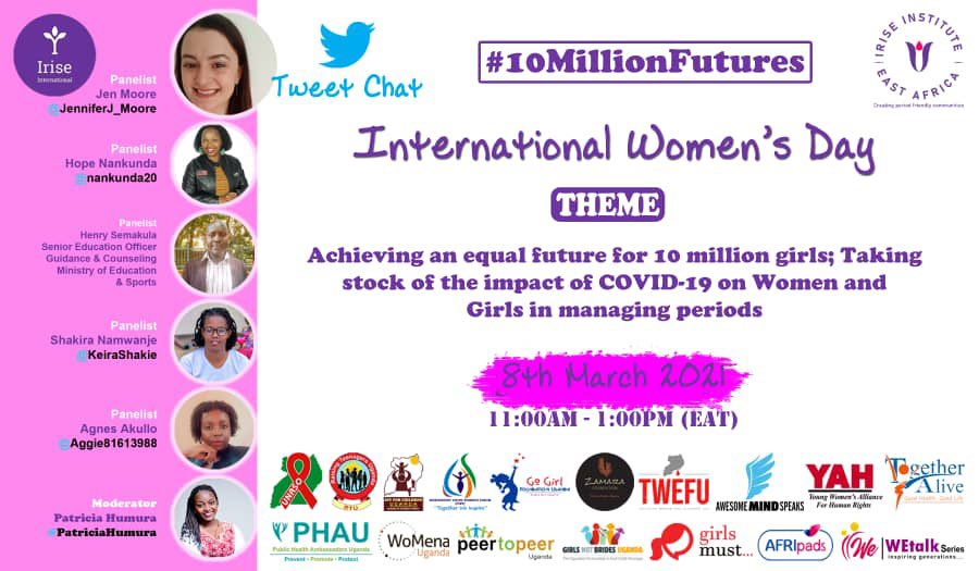 As we celebrate women on Women’s Day, join us on 8th Monday at 11 am till 1 pm (EAT) for a Tweet Chat under the theme "Achieving an equal future for 10million girls; Taking stock of the impact of COVID-19 on Women and Girls in managing periods. 

<a href="/phauganda/">PHAU</a> @unaidsglobal <a href="/Yplus_/">와플</a>