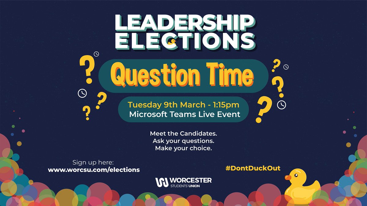 worcsu's tweet photo. You can meet each of the candidates in the SU Leadership Elections and ask them about their manifestos at our Question Time event on Tuesday 9th March 🙋❓

Find out more and register for the Question Time here: https://t.co/Hx2kVbBwLx 
OR tune in via Facebook. https://t.co/LfKt3isWpr