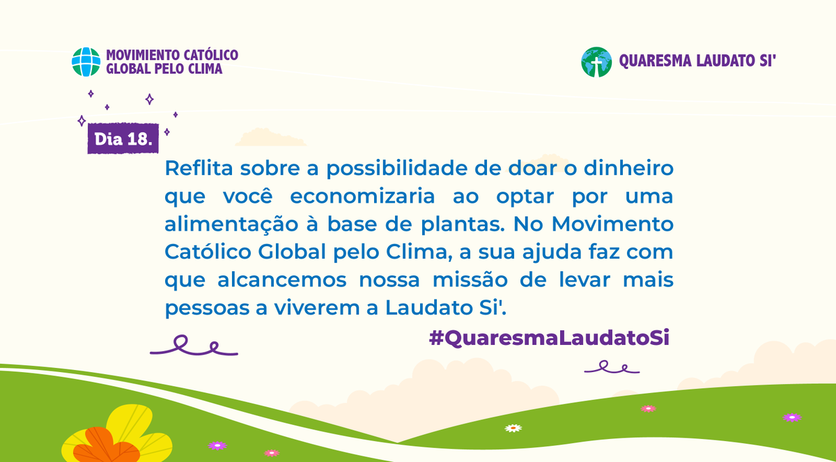 Consumir carne pode ser mais caro do que investir em uma alimentação à base de plantas. Imagina o quanto você poderia ajudar se doasse o que economizou com a mudança na alimentação! Você topa fazer essa mudança? ➡️ LaudatoSiLent.org/pt #QuaresmaLaudatoSi