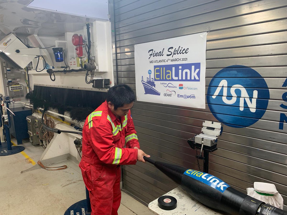EllaLink_Cable's tweet photo. On March 4th, the @ASN_Comm cableship Ile de Sein and her crew performed the final splice of the #EllaLink transatlantic cable, in over 4500m water depth, 400km North-East of the Mid Atlantic Ridge.

Europe and Latin America are now connected directly for the first time! https://t.co/ejHq0wExV8