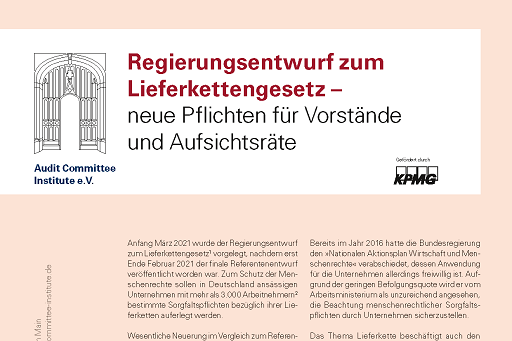 Anbei unser Update zum #Lieferkettengesetz: Wesentliche Neuerung im Vergleich zum Referentenentwurf vom 15.2.2021 ist die Festlegung der
Bußgeldhöhe. Im Übrigen handelt es sich primär
um strukturelle Änderungen. #Sorgfaltspflichten #Aufsichtsrat #Vorstand audit-committee-institute.de/media/aci_fold…