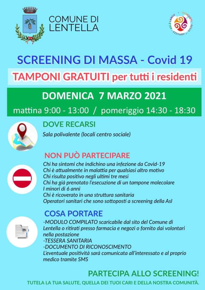 asl2abruzzo's tweet photo. #CORONAVIRUS, #SCREENING CON #TAMPONI ANTIGENICI IN PROVINCIA DI #CHIETI SABATO 6 E DOMENICA 7 MARZO 2021. COMUNI, ORARI, MODALITÀ
Leggi ➡️ https://t.co/xCHqjViNDU
#Pretoro #Borrello #Frisa #Lentella #SanBuono #SanGiovanniLipioni https://t.co/BjBXWYCYKB