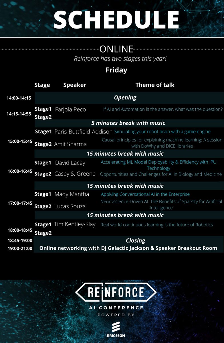 We arrived to our final day of <a href="/reinforceconf/">Reinforce AI conf</a>! On the 3rd day we still have many amazing speakers like:
<a href="/Faro_Z/">Farjola Peco</a>
@AmitSharma
<a href="/parisba/">Dr Paris</a>
@DavidLacey
<a href="/GreeneScientist/">Casey Greene</a>
@LucasSouza
<a href="/madymantha/">mady</a>
<a href="/TimKentleyKlay/">Tim Kentley Klay</a>
Come and enjoy the last day of this event!