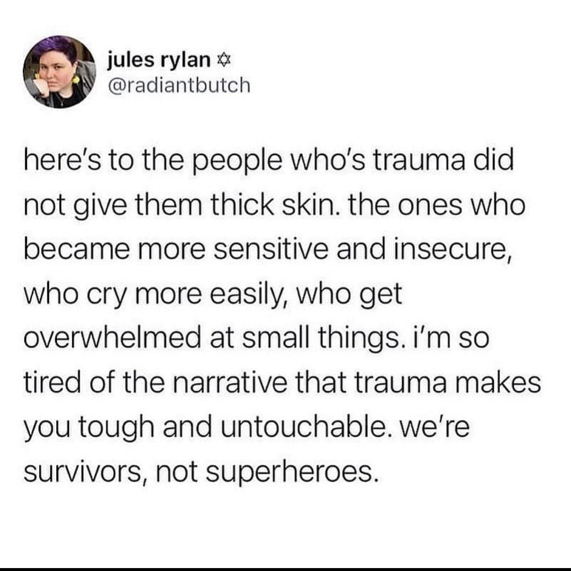 Saw this post on ig credit to @radiantbutch very well said 🙌🏻
#PTSD #trauma #GAD #mentalhealth https://t.co/UrKn0wdOSh