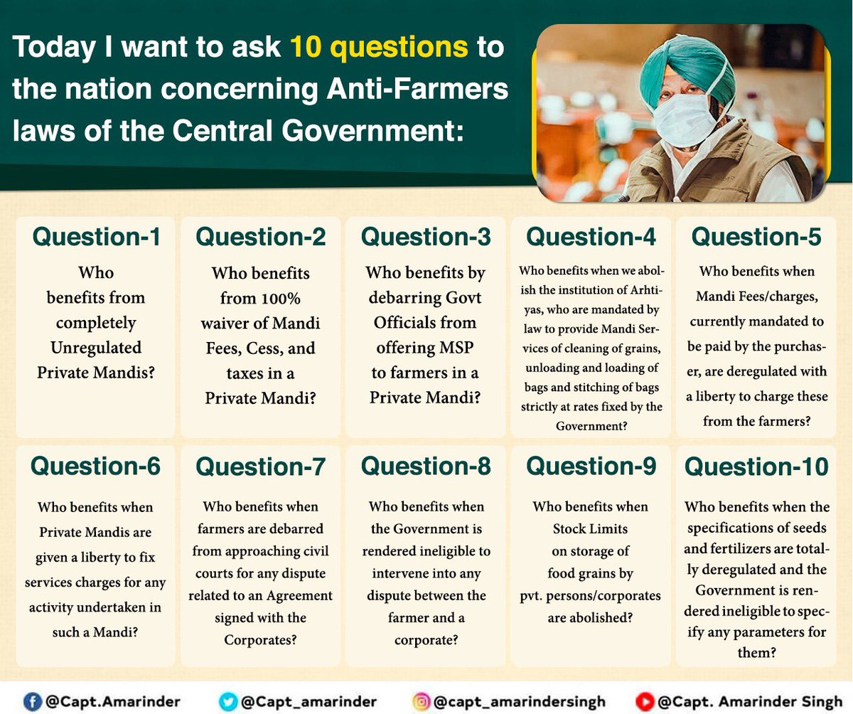 capt_amarinder's tweet photo. Those who ask why farmers are protesting against Centre's farm laws need to answer these 10 questions. The answers to these questions will explain why these laws are not in favour of our farmers or our country. https://t.co/twvnro2iVO