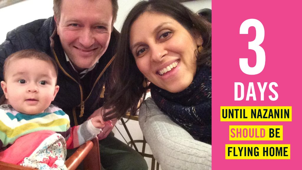 AmnestyUK's tweet image. In 3 DAYS Nazanin Zaghari-Ratcliffe *should* be flying home.

🚨 RT our daily countdown &amp;amp; help us call on UK government &amp;amp; Iranian authorities to reunite Nazanin with her daughter &amp;amp; husband at the end of her sentence 🚨 

#FreeNazanin @Iran_in_UK