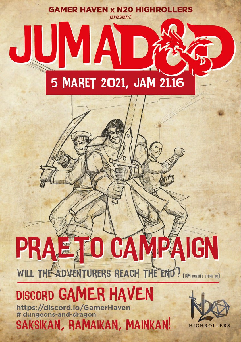 Gamer Haven x <a href="/N20Highrollers/">N20 Highrollers</a> present: JumaD&amp;D, Praeto Campaign, eps. 05, malam ini jam 21.17. Also me on DM duty. Sampai bertemu nanti di discord.io/GamerHaven