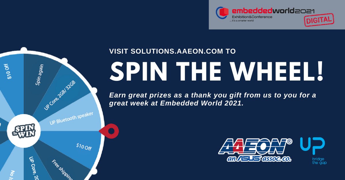 UPbridge_gap's tweet photo. As a thank you for a great week at the @embedded_world, we are hosting a #giveaway party on the AAEON Solutions website. Spin the wheel for a chance to receive a prize! π
https://t.co/Et4YSxGznN
#ew21digital #ew21 #embedded #ai #iot #upboards #hardware #automation #linux #intel https://t.co/W0Zm6zoMa3