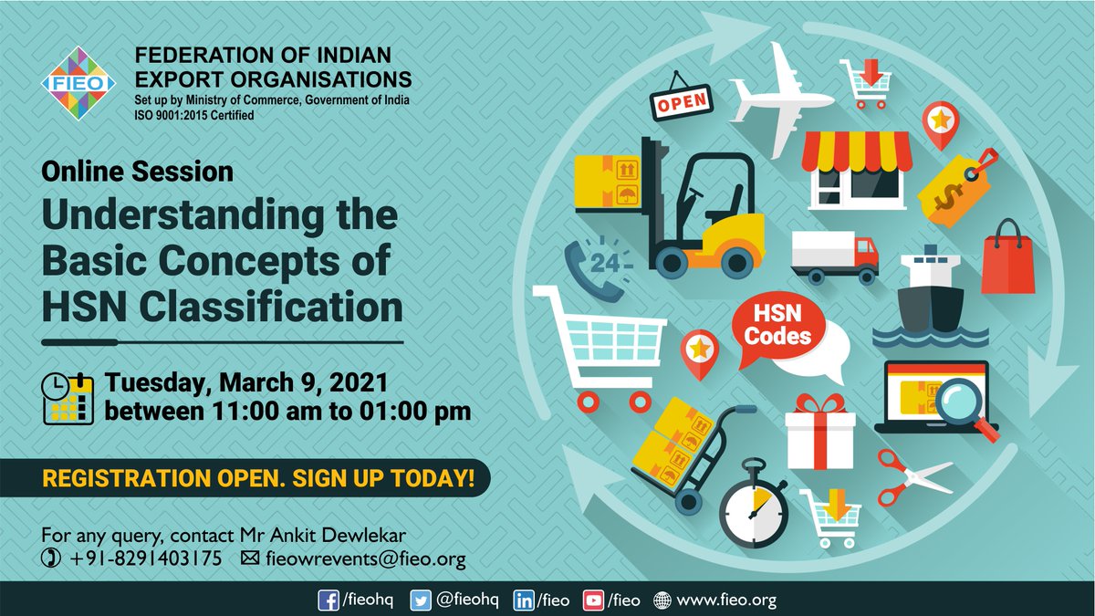 FieoHq's tweet image. Join FIEO's Session on Understanding Basic Concepts of HSN Classification to understand process of HSN Classification with Indian Context under the Customs Act. This will assist you to correctly classify your products under the right HSN.
Join: bit.ly/3qeyleZ