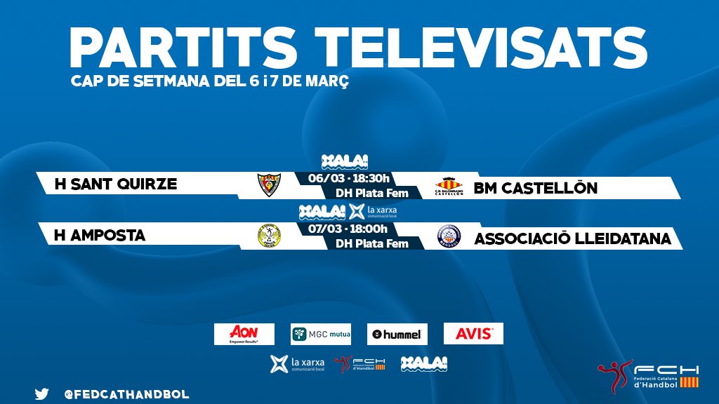 FedCatHandbol's tweet photo. 💻 #HandbolAXala | Aquest cap de setmana viu l’#HandbolCatalà des de casa amb dos partits de #DHPlataFem a @xala_cat / @laxarxa:
👉🏼 @HSantQuirze vs @bmcastellon
👉🏼 @HandbolAmposta vs @associacio_ALLH https://t.co/LVs9pFoEQq