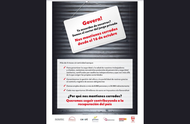 Patrojoc, sindicatos y asociaciones empresariales piden la reapertura inmediata del sector del juego en #Catalunya <a href="/andemarcat/">Andemar Catalunya</a> <a href="/europer2000/">Europer</a> <a href="/grecojoc/">GrecoJoc</a> <a href="/ColCatala/">cctj</a> <a href="/Magicpark6/">MagicparkPlatjadaro</a> <a href="/perearagones/">Pere Aragonès i Garcia</a> <a href="/Generalitat_cat/">Generalitat de Catalunya</a> <a href="/govern/">Govern de Catalunya</a> sectordeljuego.com/noticia.php?id…