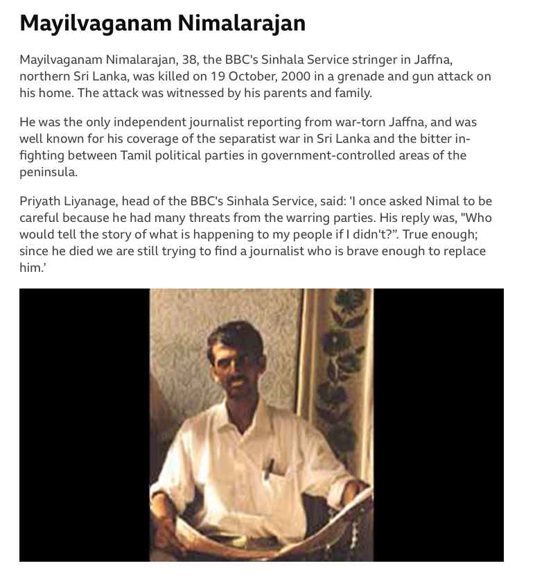 francesharris0n's tweet photo. Remember all the brave  #srilankan #journalists who were murdered in the war. 

.@JDSLanka counted 44 media workers killed from 2004-10.
https://t.co/qJkWDnXTvk 

In 2000 it was @bbcsinhala's Nimalarajan - below  -whose family I knew. 

Not one person has been held accountable. https://t.co/HhLEq4HXt2
