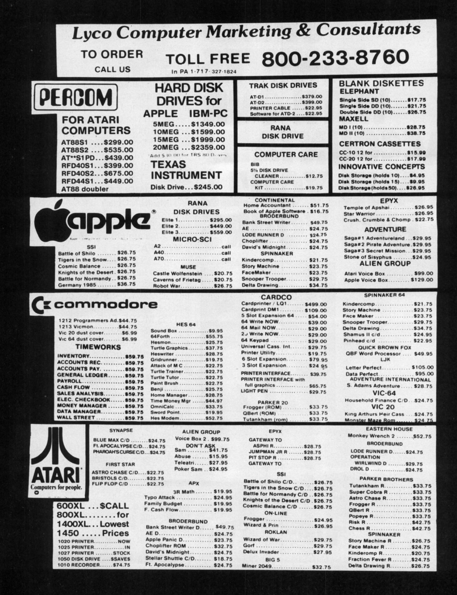 TakodanTweets's tweet image. 1984 dual ad by a store called Lyco Computer Marketing &amp;amp; Consultants and what they sell #Apple #Atari #Commmodore