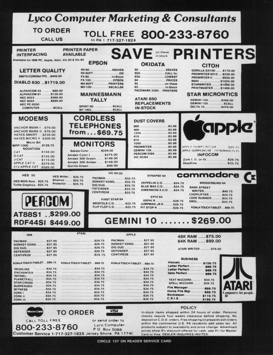 TakodanTweets's tweet image. 1984 dual ad by a store called Lyco Computer Marketing &amp;amp; Consultants and what they sell #Apple #Atari #Commmodore