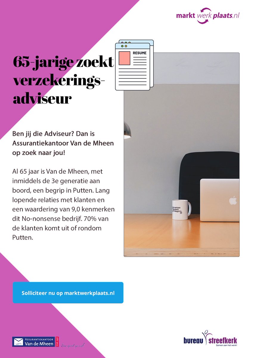 65-jarige zoekt verzekeringsadviseur

Ben jij die Adviseur? Dan is Assurantiekantoor Van De Mheen op zoek naar jou!

Bekijk de vacature en solliciteer gemakkelijk online via: marktwerkplaats.nl/vacature/vacat…

#vacature #job #putten #verzekering