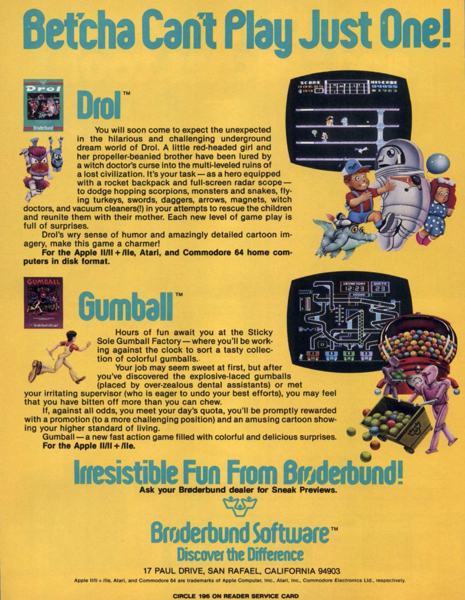 TakodanTweets's tweet image. 1984 advert by #Broderbund Software showing the games 'Drol' and 'Gumball' for #AppleII #Commmodore and #Atari
