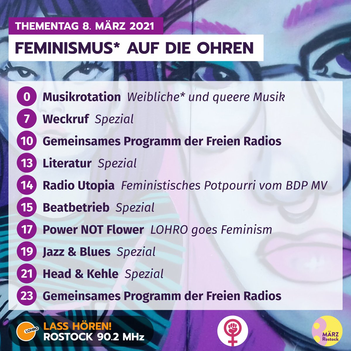LOHRO's tweet photo. Feminismus auf die Ohren! Radio #LOHRO feiert den Frauen*kampftag mit einem Sonderprogramm. Genießt Musik von Frauen* und Queers und lauscht feministischen* Perspektiven: Am 8. März von 0–24 Uhr!
Weitere Infos ➡️ https://t.co/PwA8tPrqEp
#hro0803 #8Mhro #8M #8M2021 #Frauentag https://t.co/9WODqFeUl0