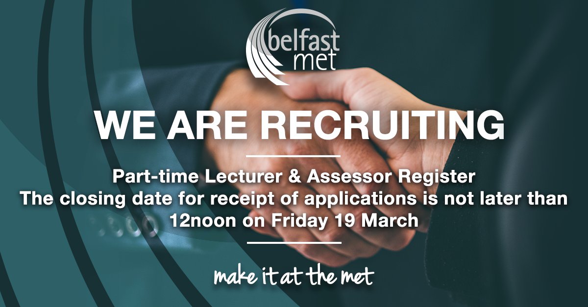 bfastmet's tweet photo. Want to take the next step in your career? Join our award winning team! We are recruiting for our Part-time Lecturer &amp; Assessor Register.

To apply visit ➡️ https://t.co/HMJMf9fou1

See the fantastic benefits of working at Belfast Met
➡️ https://t.co/ja0mJu8JHT

#MakeItAtTheMet https://t.co/ANRO6MdBVC