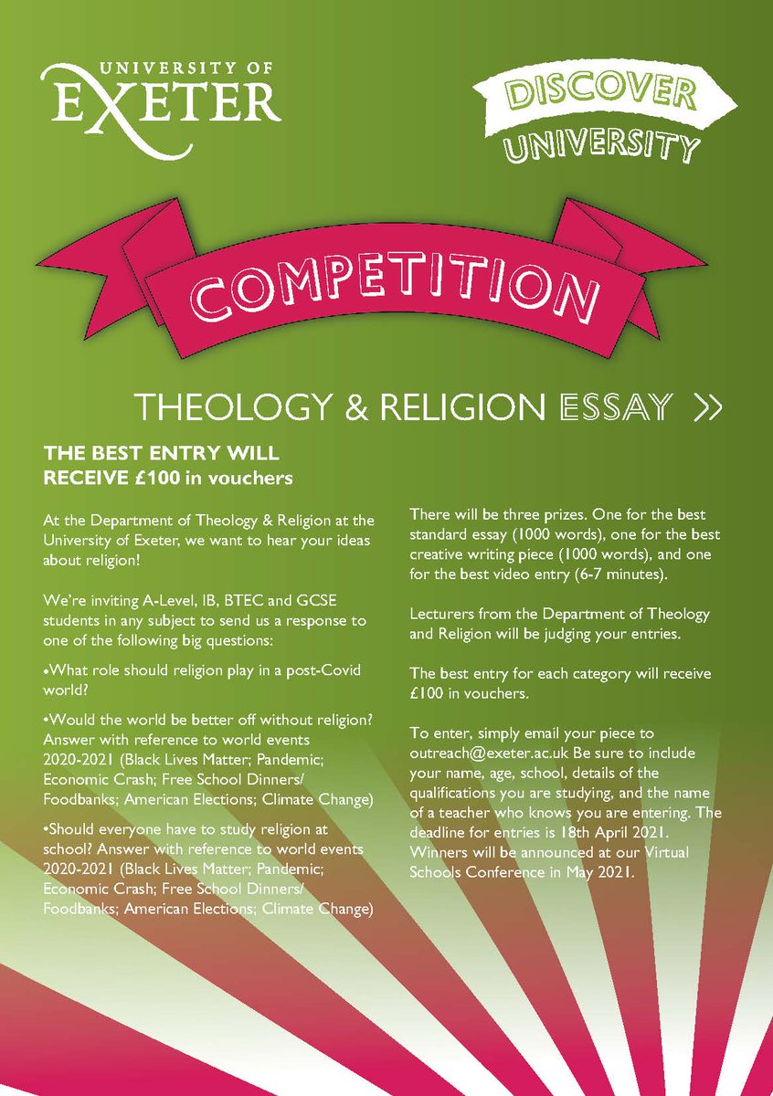 The Department of Theology &amp; Religion at the University of Exeter are running an essay writing competition.

Aimed at KS4-5 students, they are looking for students to write 1,000 words on one of several big questions.

More info here 👇
blogs.exeter.ac.uk/theologyandrel…

<a href="/TeamRE_UK/">TeamRE</a>