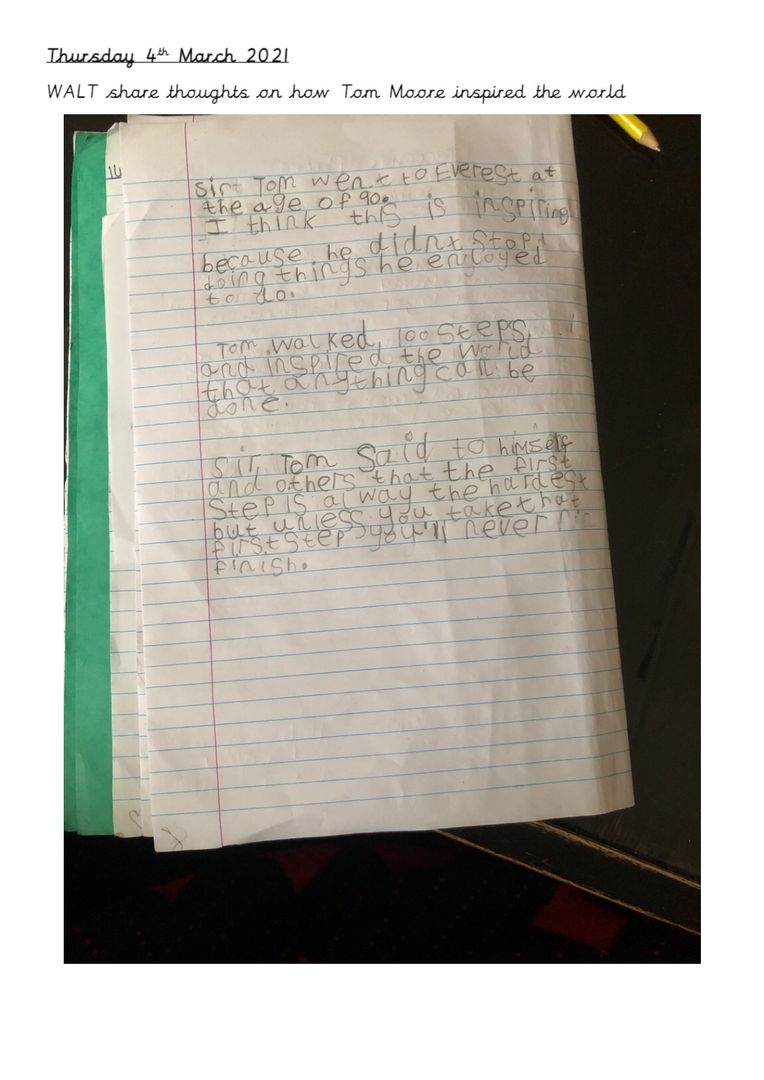 FishpondsCE's tweet photo. Year One have been doing some lovely writing about how Sir Tom inspires them. Here is Khadija's super work! :) #tomorrowwillbeagoodday #onehundredsteps https://t.co/DuYDOV6Ys1