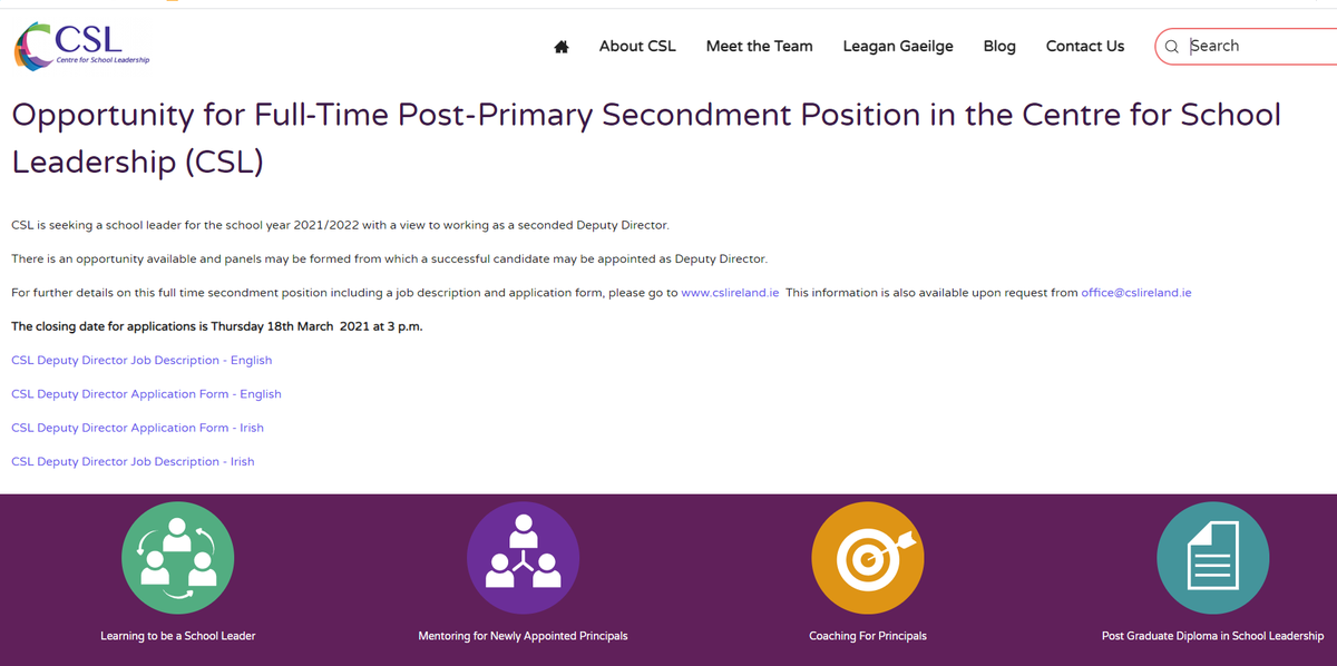 cslireland's tweet photo. CSL is seeking a post primary school leader for the school year '21/'22 with a view to working as a seconded Deputy Director.

Further details on this full time secondment position are available at https://t.co/qsWJxAlODi https://t.co/yde3xvcZdd