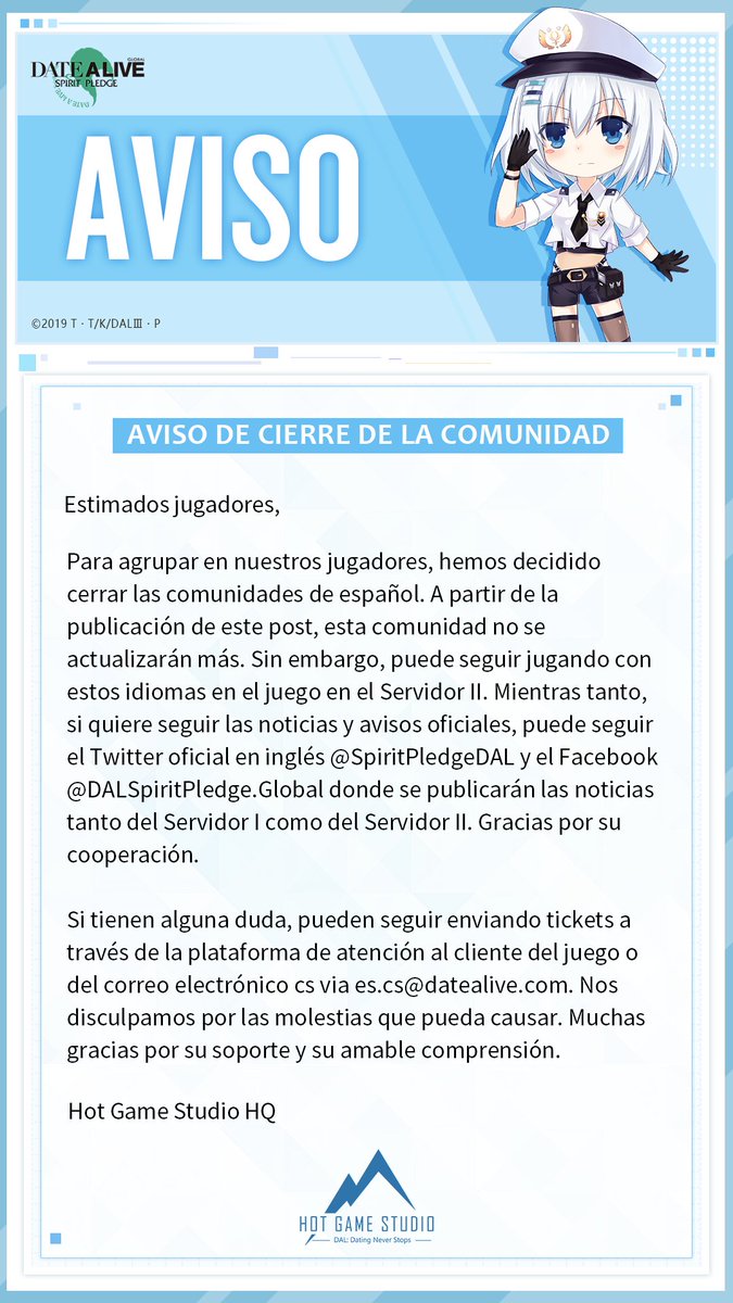DALSP_ES's tweet image. Cierre de la comunidad

Para centrar totalmente nuestros jugadores, hemos decidido cerrar la comunidad española. A partir de la publicación de este post, esta comunidad no se actualizará más. Sin embargo, pueden seguir jugando con el español en el juego en el Servidor II.