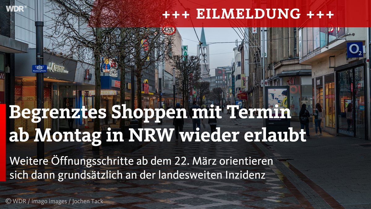 Nach der neuen Corona-Schutzverordnung soll ab Montag in NRW das Einkaufen im Einzelhandel mit Termin und einem begrenzten Zeitfenster erlaubt sein. Diese Regelung bei einer "stabilen Sieben-Tage-Inzidenz von unter 100" kündigte das <a href="/MAGS_NRW/">MAGS NRW</a> am Freitag an.