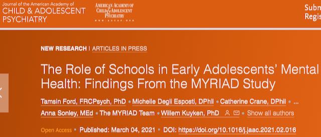 New paper
The Role of Schools in Early Adolescents’ #MentalHealth: Findings From the #MyriadProject
Study of 26,885 pupils attending 85 schools from across the United Kingdom.
Funded by <a href="/wellcometrust/">Wellcome</a> 
Open access =&gt; bit.ly/3c27rls