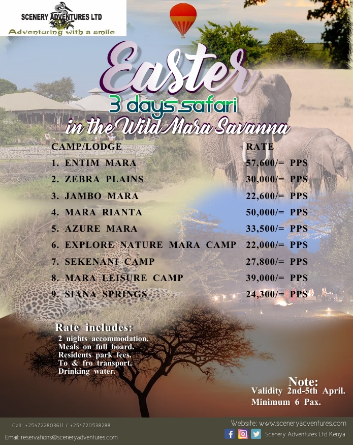 SceneryAdventu1's tweet photo. Book with your Maasai Mara Easter holiday.
3 days 2 nights safari from 22,000/= per person.

Package includes:
Tour Van.
Game drive.
Park fees.
Meals on full board.
water.
 
Call: +254722803611/+254720538288
Website: https://t.co/G5N0c1fT6c
#adventuringwithasmile https://t.co/nCwaQljh5h