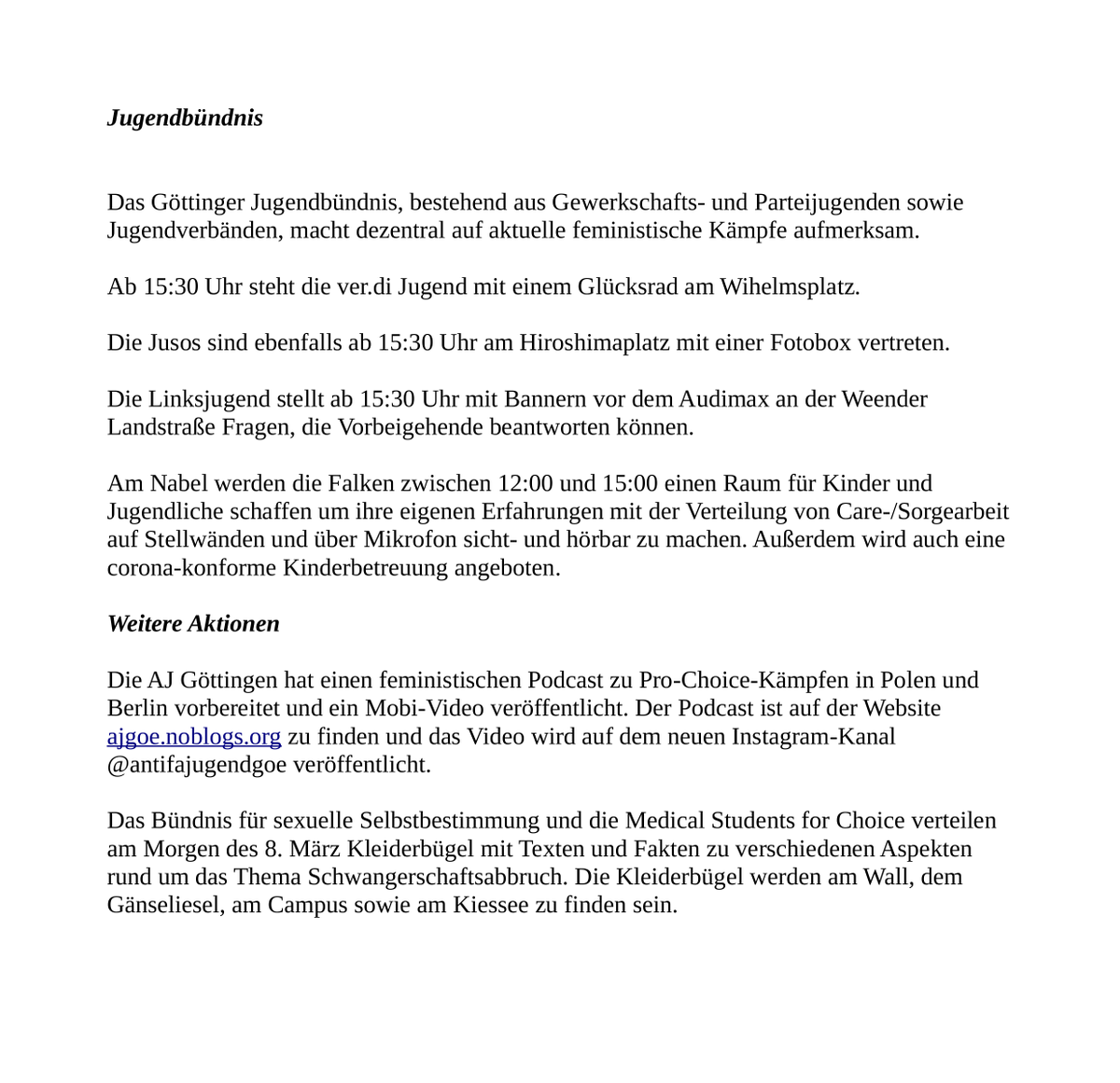 linksunten_goe's tweet photo. "Dezentraler Aktionstag in #Göttingen zum 8. März" | Montag 08.03.2021 | ab 09:03 Uhr | Details zu den Infoständen, Versammlungen und Aktionen in Facebook #Veranstaltung | veranstaltet von: verschiedene Gruppen unter @FGottingen https://t.co/1RHV9rkxPo