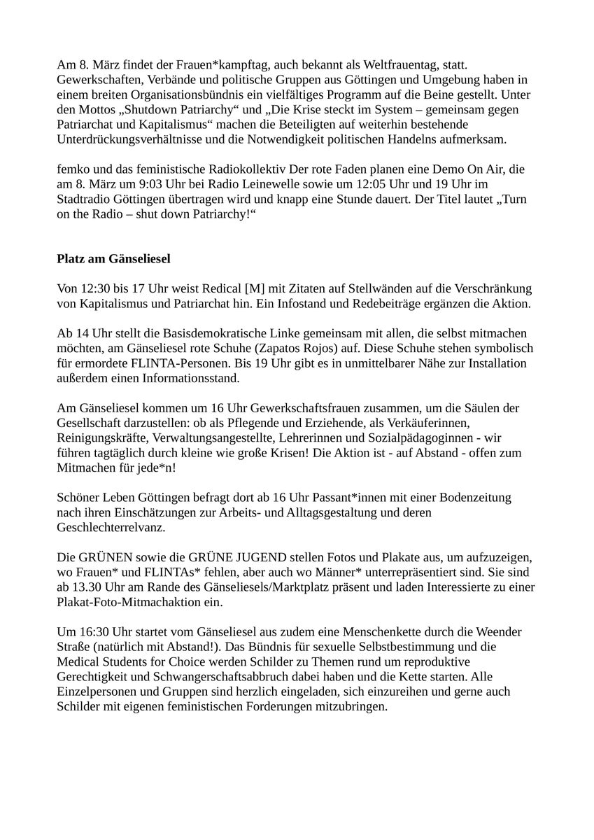 linksunten_goe's tweet photo. "Dezentraler Aktionstag in #Göttingen zum 8. März" | Montag 08.03.2021 | ab 09:03 Uhr | Details zu den Infoständen, Versammlungen und Aktionen in Facebook #Veranstaltung | veranstaltet von: verschiedene Gruppen unter @FGottingen https://t.co/1RHV9rkxPo