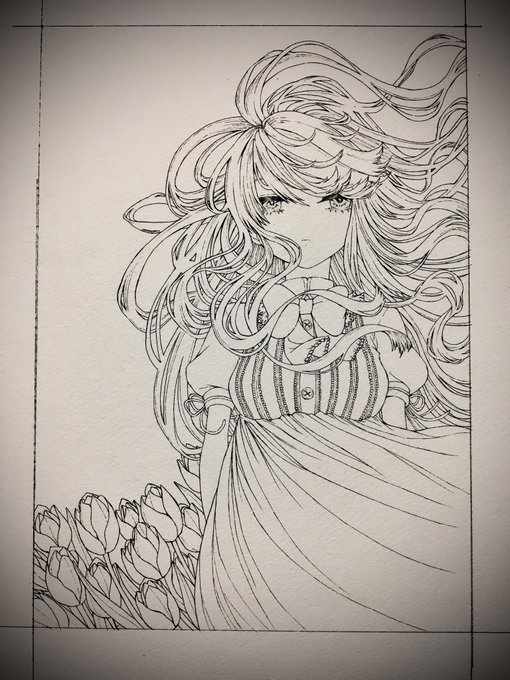 ミリペンで描いたらなんとか描けました…!
ここからどうしようかな～って考えてます?
色塗っちゃおうか影描き込もうか? 