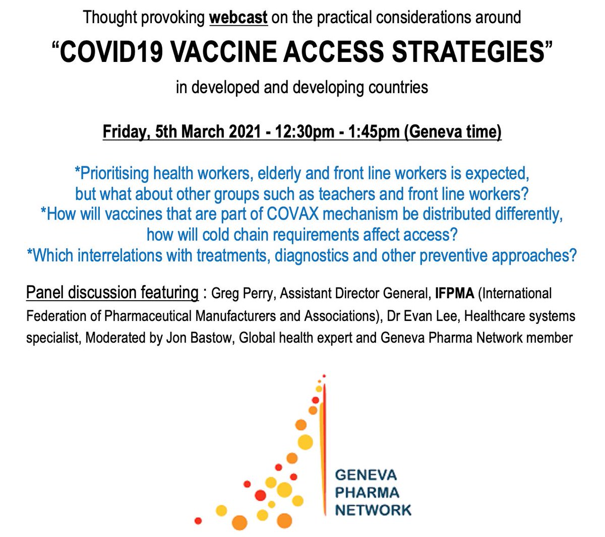 #COVID19 #Vaccine #Access #Strategy 

Today @ 12:30. Looking forward !
RSVP: lnkd.in/dTY7vHT
Join #GPN (free) at: lnkd.in/dcz6t54

#GenevaPharmaNetwork <a href="/DrArthurRoach/">Arthur Roach</a>