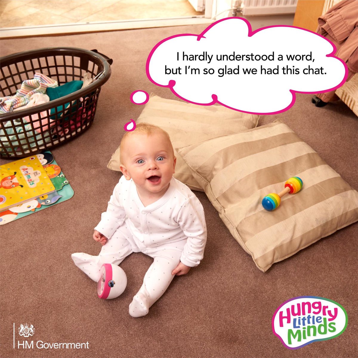 Your baby may not understand yet, but the more you talk together, the more opportunity you give to her to learn #hungrylittleminds